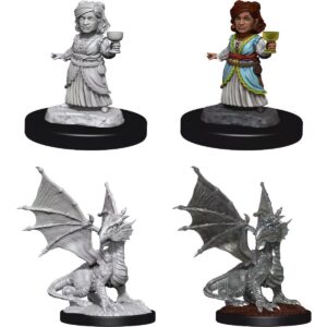 D&D Unpainted Mini Silver Dragon Wyrmling & Halfling Dragon Friend