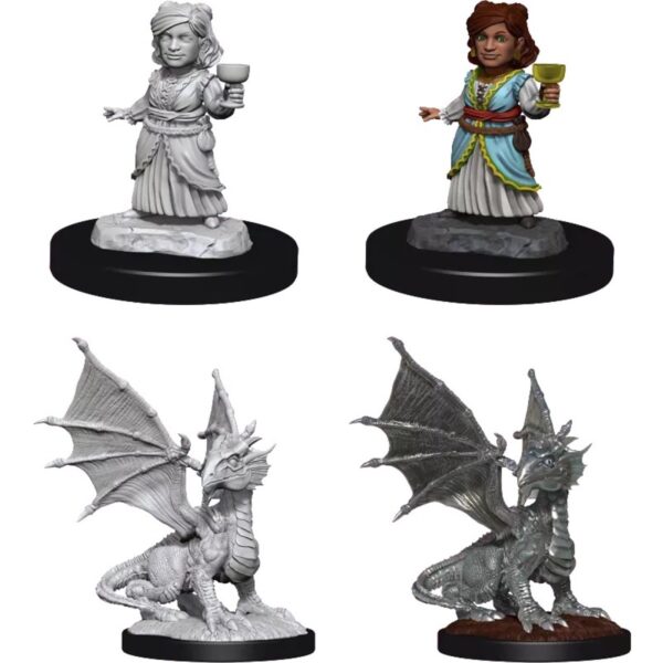 D&D Unpainted Mini Silver Dragon Wyrmling & Halfling Dragon Friend